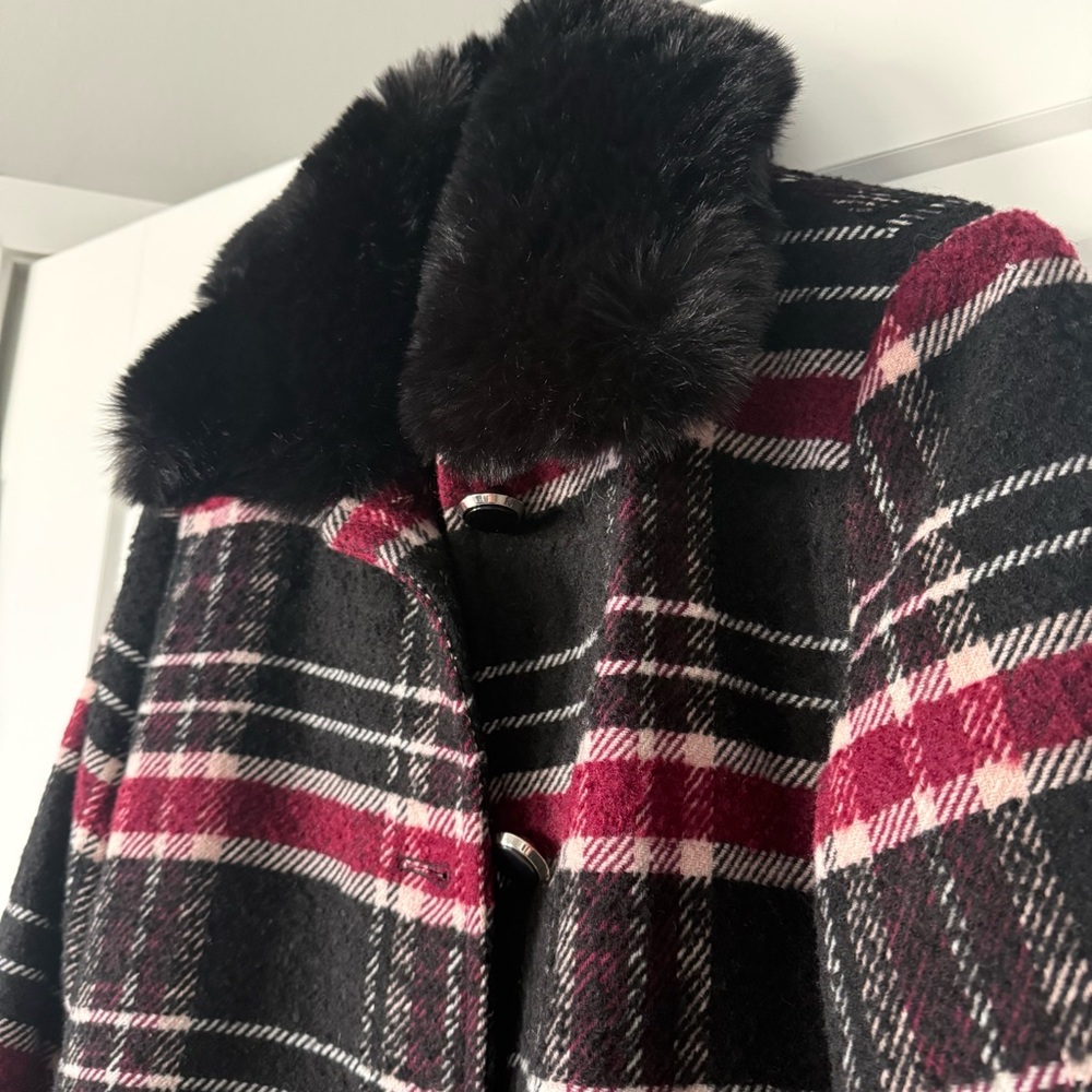 NWT Kate Spade Top Collar Fur Plaid Wool Coat - Picture 2 of 7